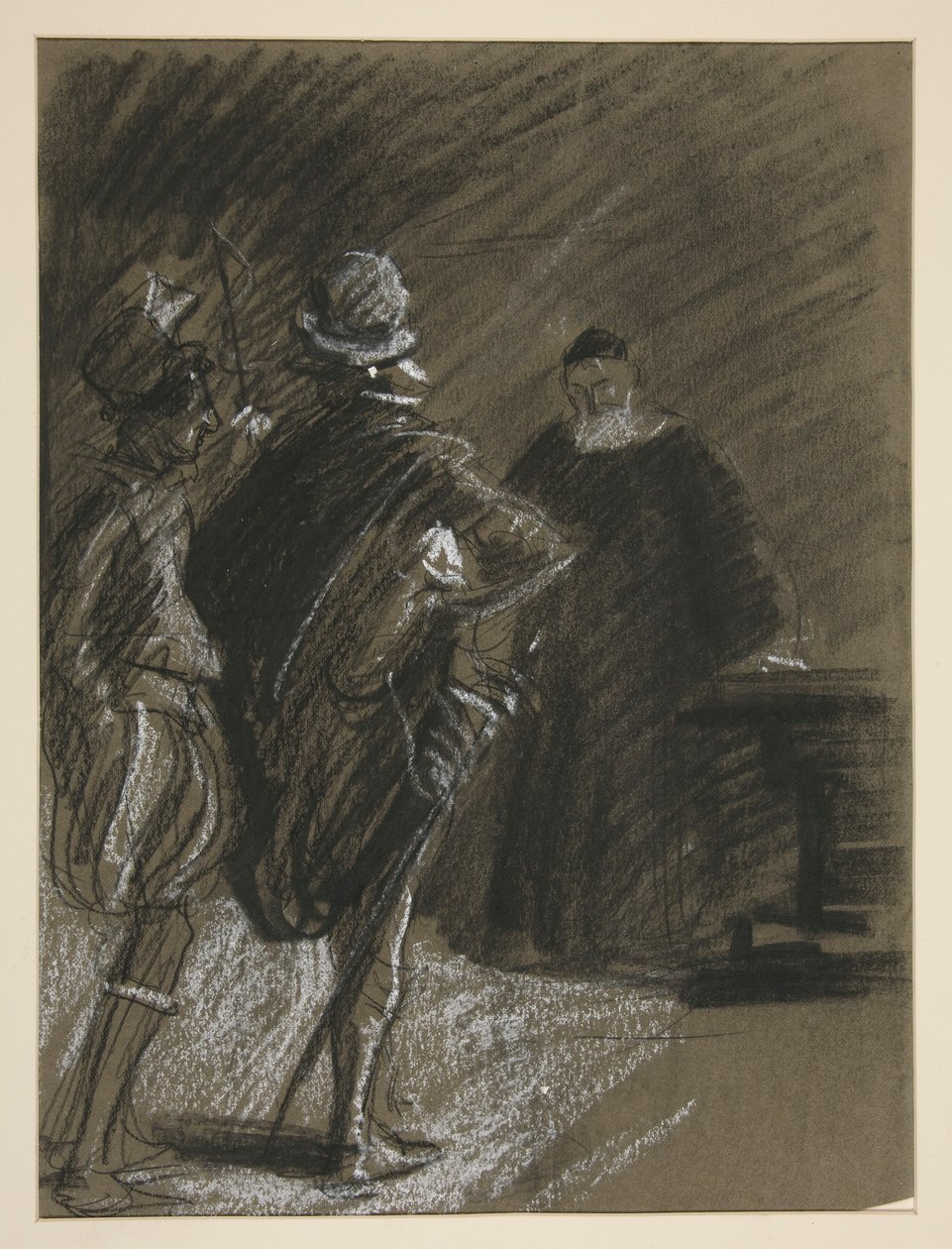 Tre mænd, studerer til Taming of the Shrew (?) af Edwin Austin Abbey