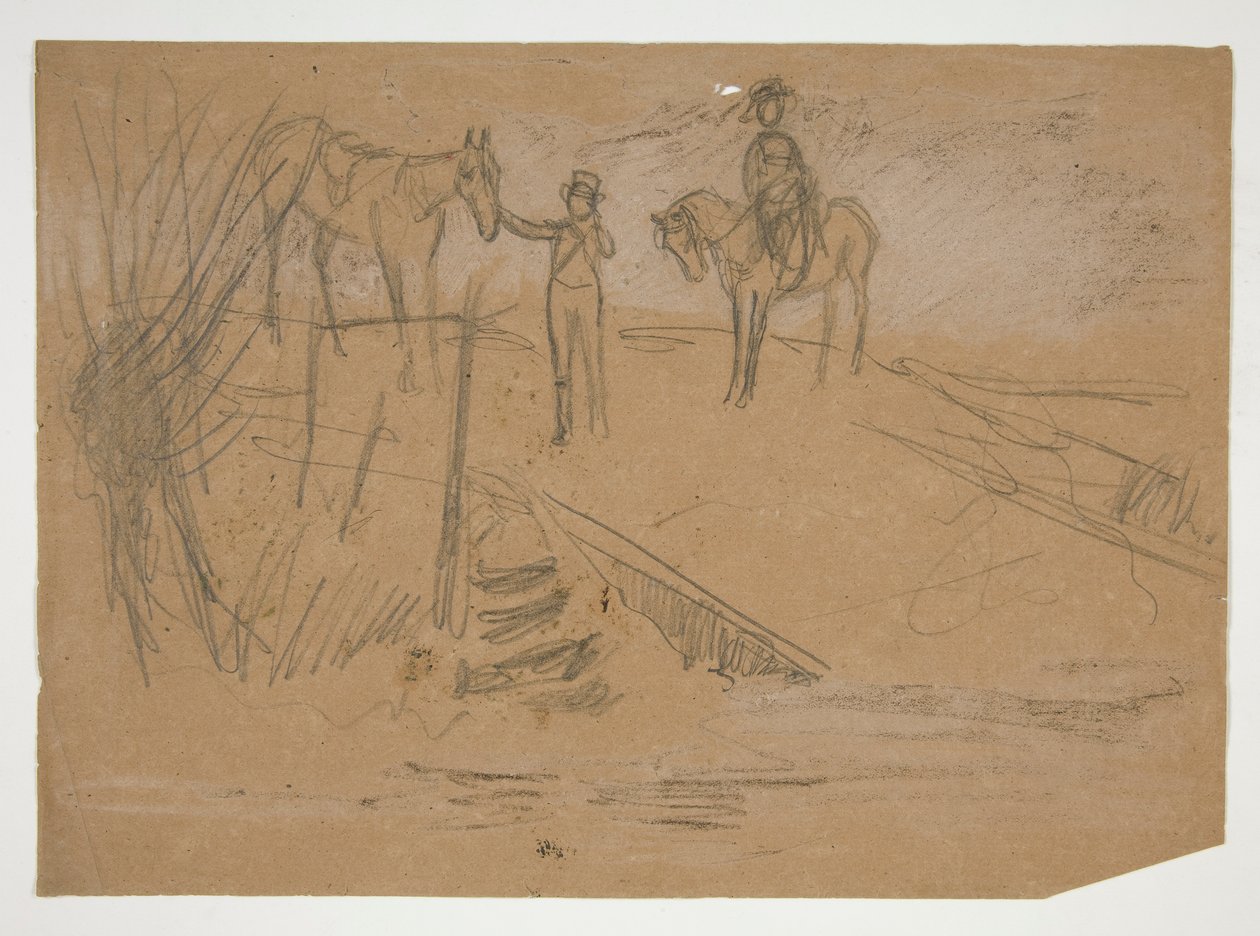 To mænd og to heste i et landskab - uidentificeret illustration af Edwin Austin Abbey