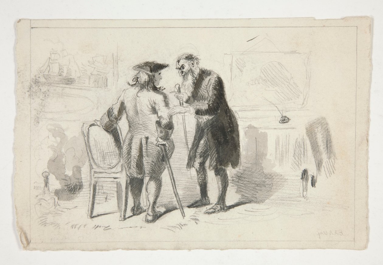 To mænd, der samtaler i et interiør - uidentificeret illustration af Edwin Austin Abbey