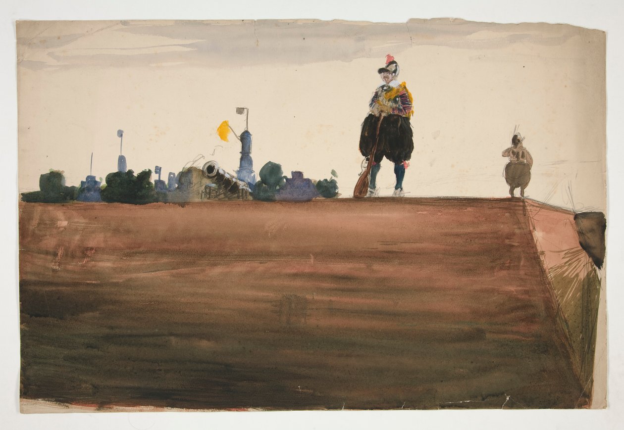 To vagtposter på toppen af en fæstningsmur af Edwin Austin Abbey