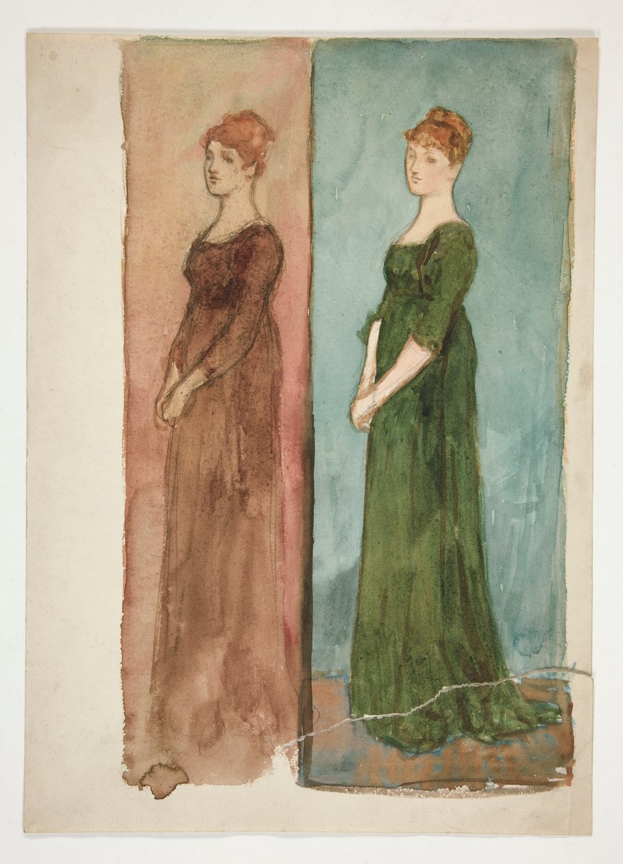 To skitser af en kvinde (klædt i rødt, i grønt) - kostumestudier til et teaterstykke? af Edwin Austin Abbey