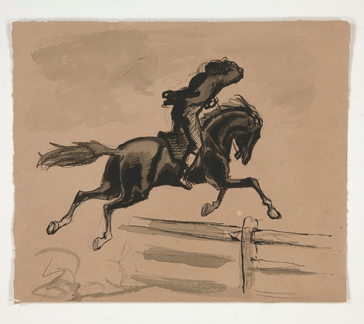 Uidentificeret illustration af en rytter, der hopper over et hegn (recto); Figurstudie af en gammel mand (verso) af Edwin Austin Abbey