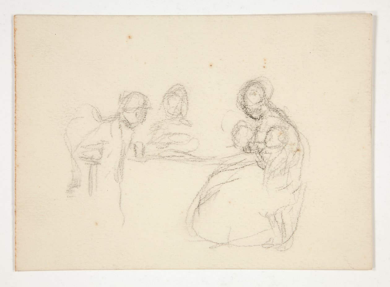 Uidentificeret illustration - Studie af figurer ved et bord. Siddende mand på baksiden. af Edwin Austin Abbey