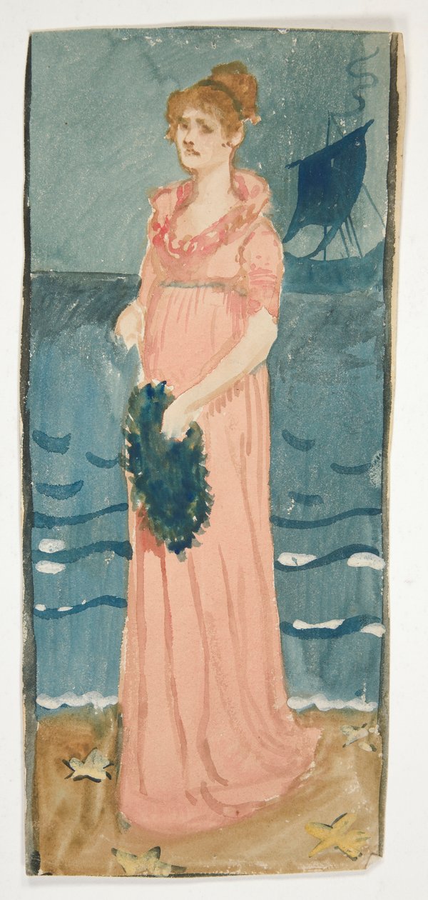 Uidentificeret illustration af kvinde på en strand, skib i afstand af Edwin Austin Abbey