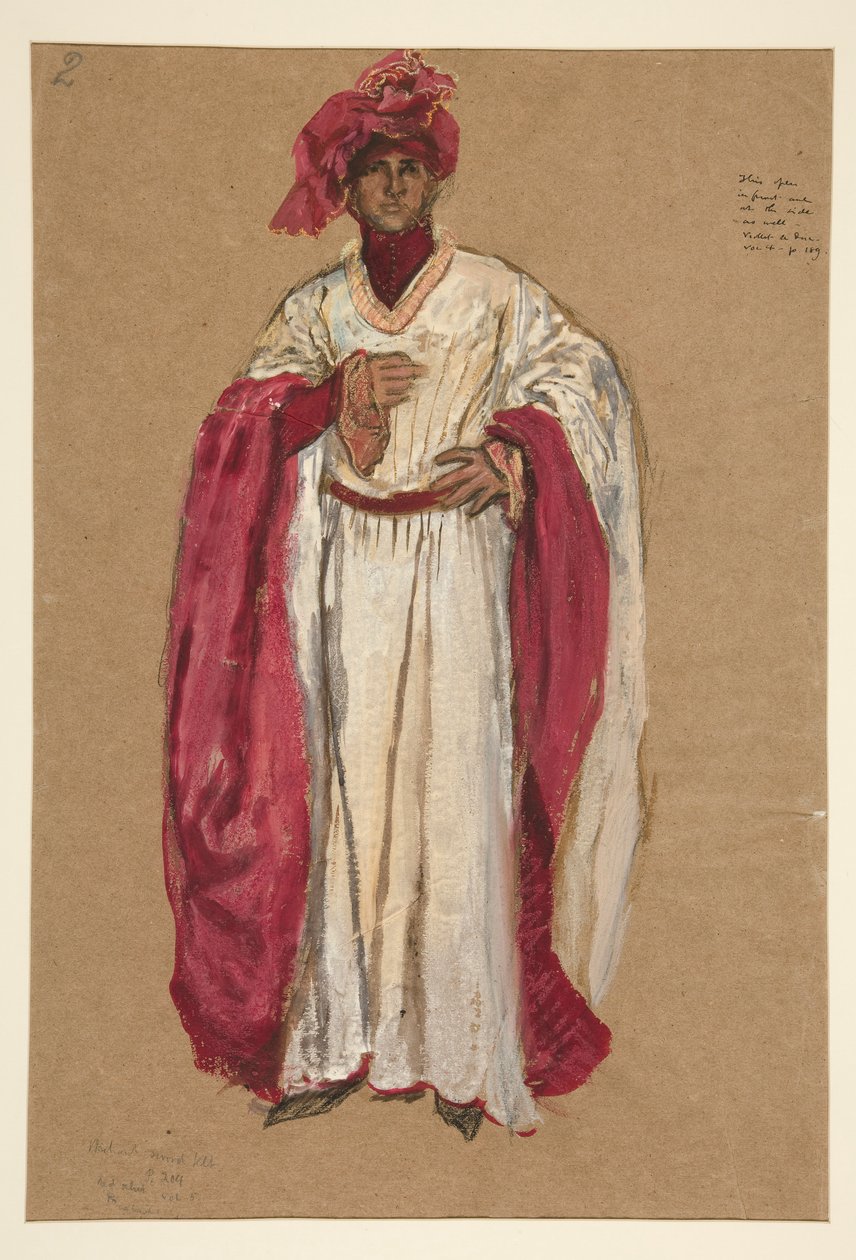 Uidentificeret mand i rød kappe, kostumeskitse til kong Richard II af Edwin Austin Abbey