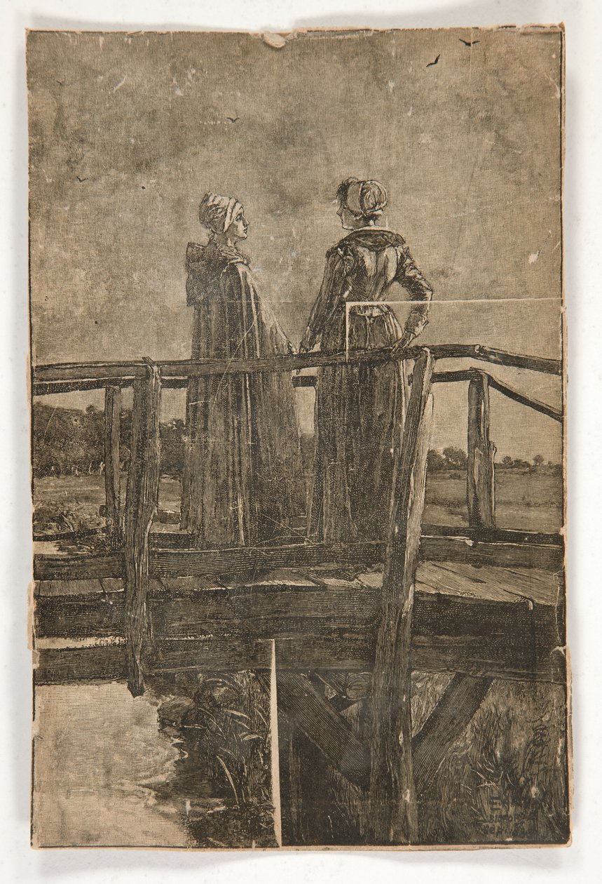 Unavngivet træstik af E.A. Kloster (?) af to damer på en gangbro i træ - illustration til William Black af Edwin Austin Abbey