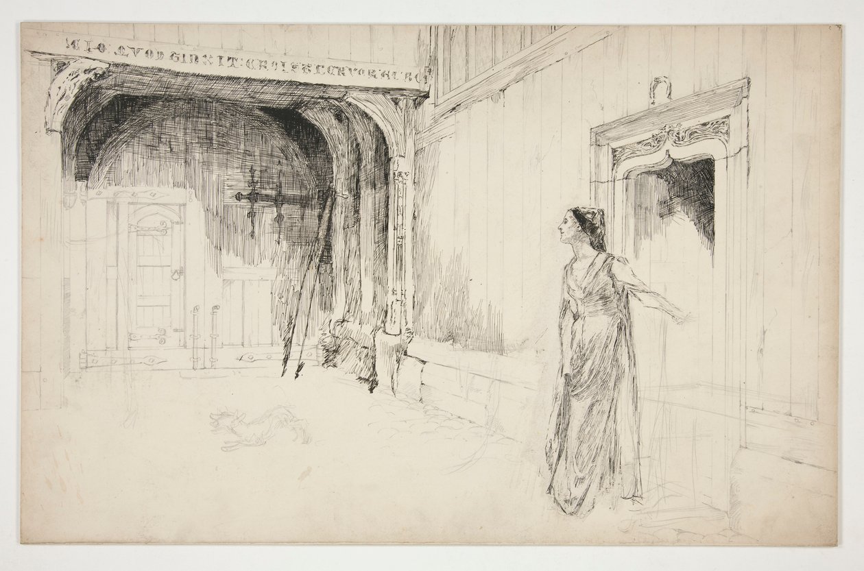 Kvinde og hund i et interiør - (uidentificeret illustration til et skuespil?) af Edwin Austin Abbey