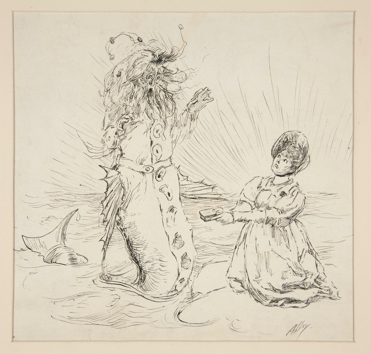 Kvinde og slange på stranden, skitse til The Lay of the Lobster af Edwin Austin Abbey