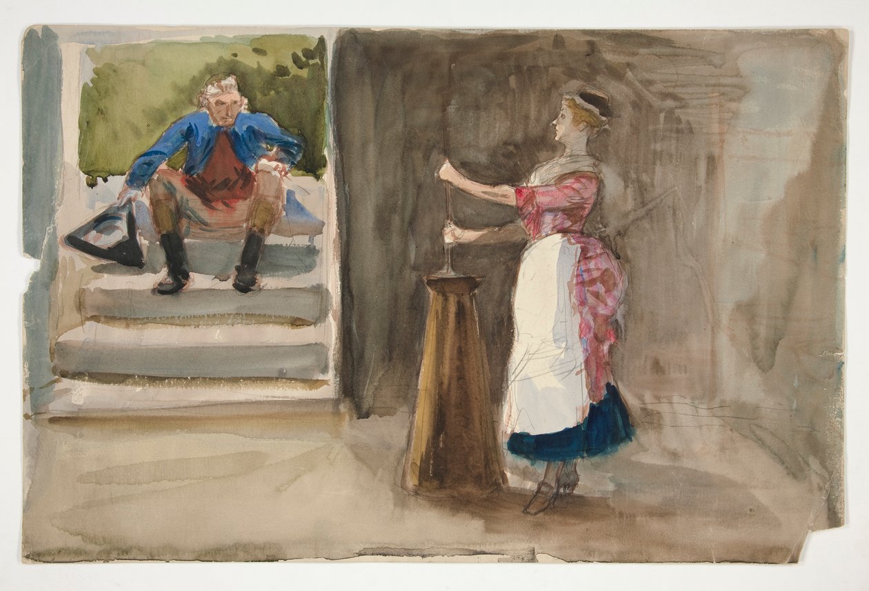 Kvinde, der kværner smør, mand i revolutionær kjole ser på - (uidentificeret illustration) af Edwin Austin Abbey