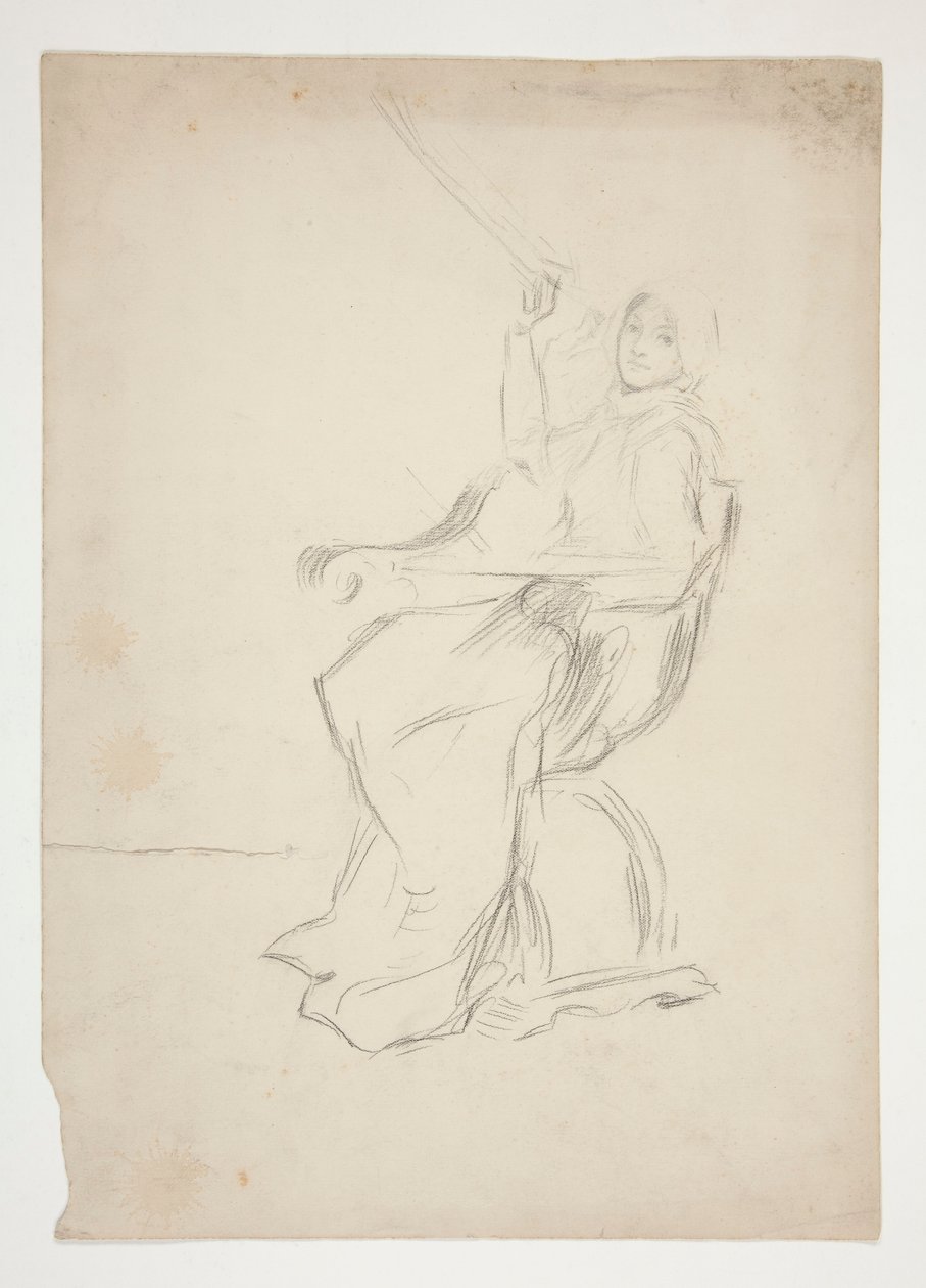 Kvinde siddende i stol (recto); To uidentificerede arkitektoniske skitser (verso) af Edwin Austin Abbey