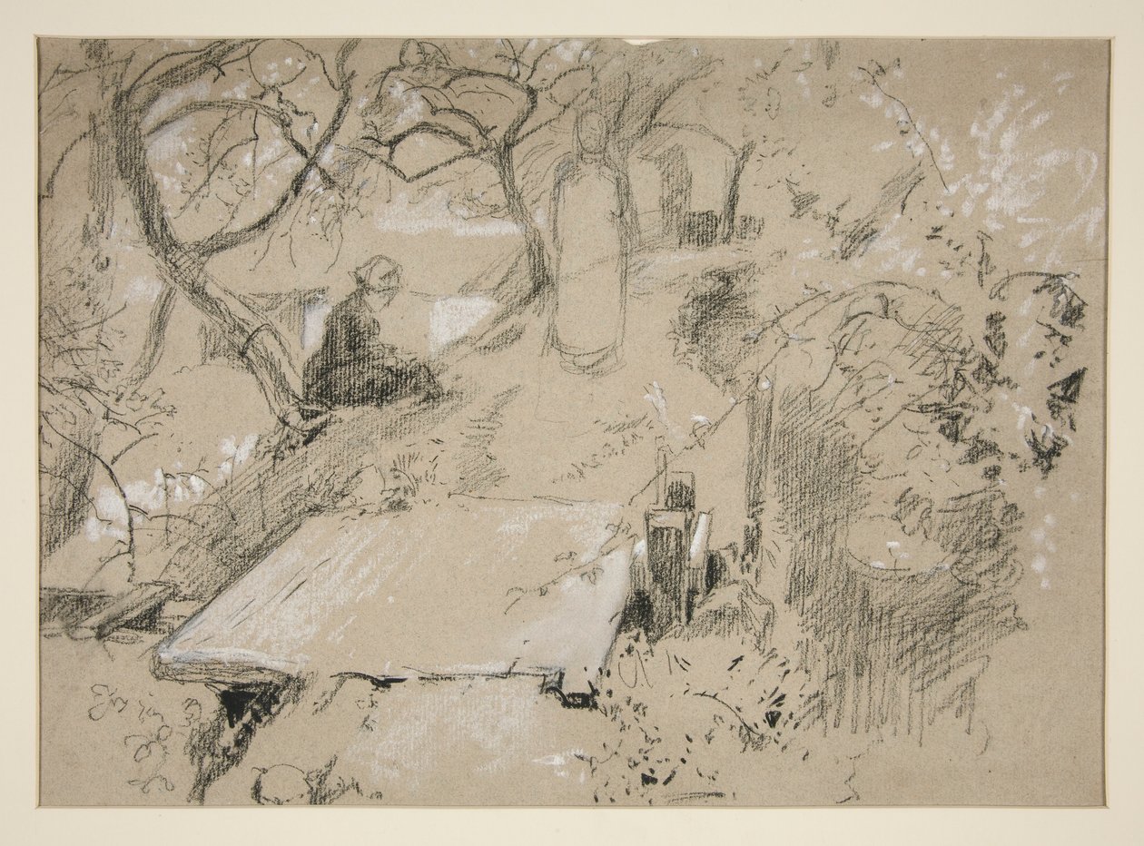 Kvinde siddende på bænk i en have eller offentlig park - uidentificeret illustration af Edwin Austin Abbey