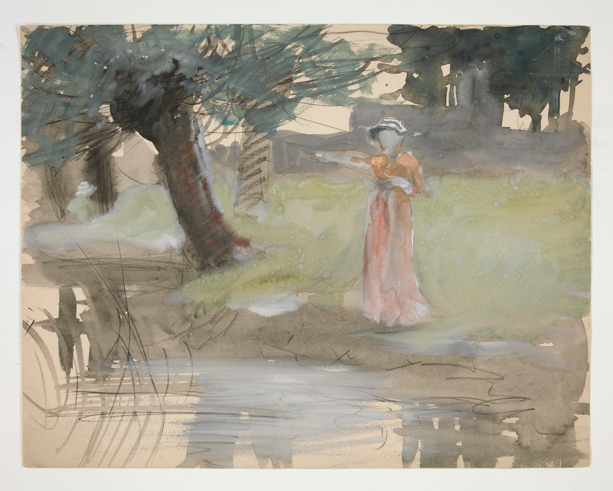 Kvinde stående ved en flodbred - uidentificeret illustration af Edwin Austin Abbey