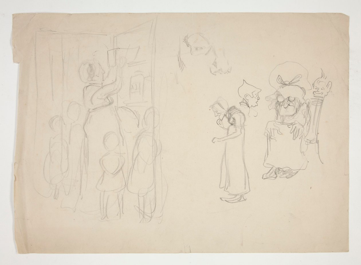 Kvinde med børn og tegneserie - Uidentificeret illustration af Edwin Austin Abbey