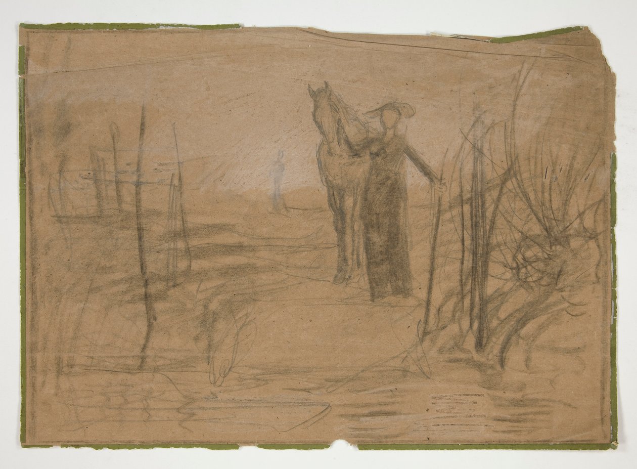 Kvinde med hest i landskab - uidentificeret illustration af Edwin Austin Abbey