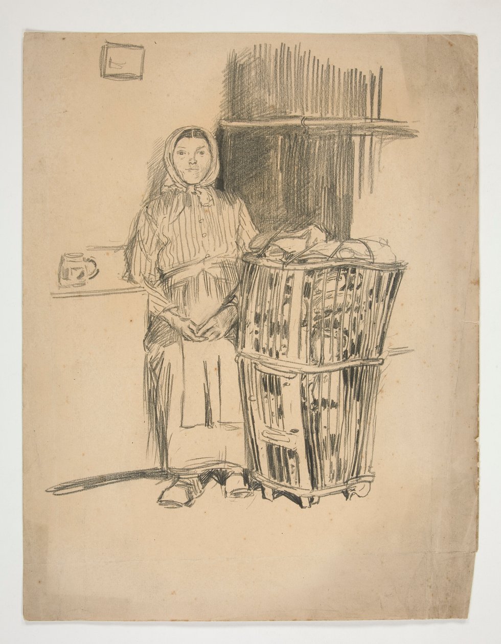 Kvinde med vasketøjskurv(?) - uidentificeret illustration af Edwin Austin Abbey