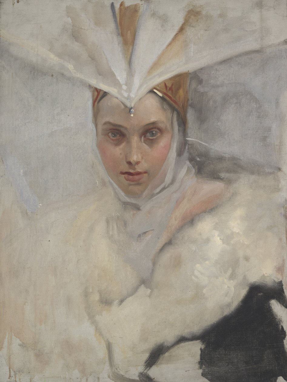 Kvinde med fiskeørnehovedbeklædning og hvid pelskrave, 1897 af Edwin Austin Abbey
