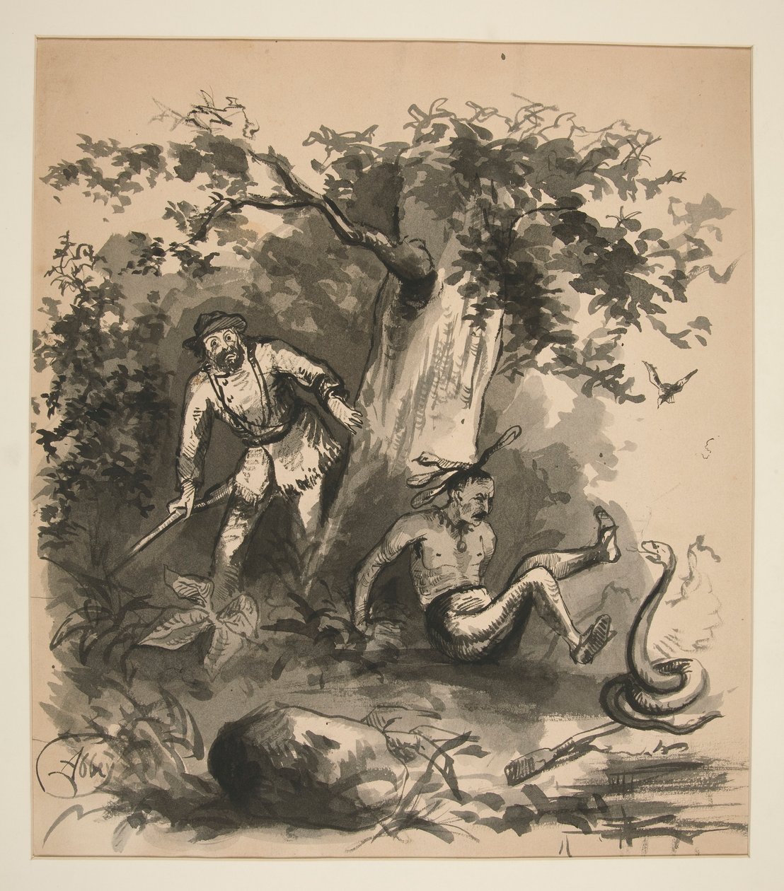 Skovscene af en jæger, en indianer og en slange - uidentificeret illustration af Edwin Austin Abbey