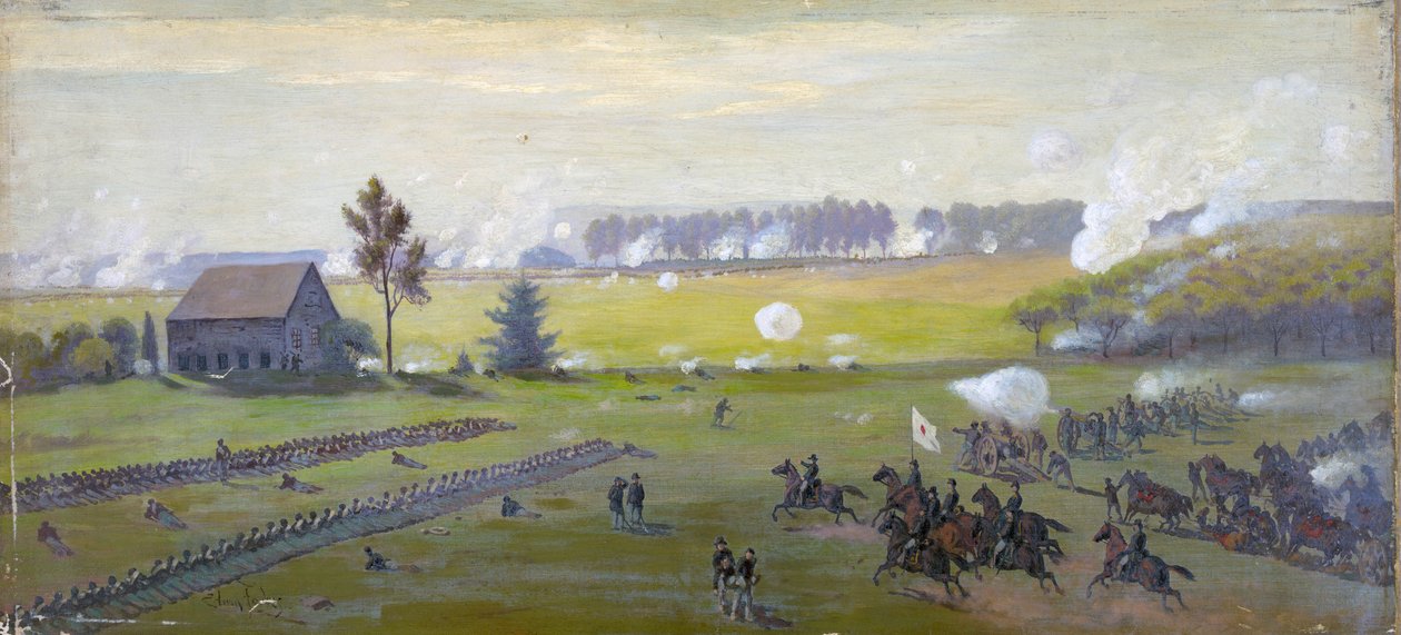 Amerikan sisällissota 1861–1865: Gettysburgin taistelu 1.–3. heinäkuuta 1863, joka päätti Leen hyökkäyksen pohjoiseen. Suurin Yhdysvaltain uhreja kuin missään muussa sodassa. Öljy af Edwin Austin Forbes