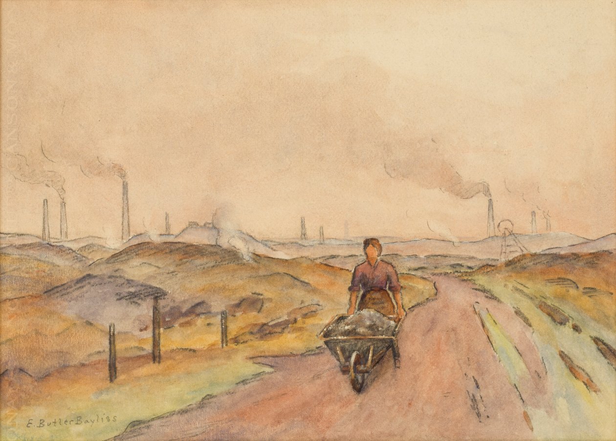 Industriel scene, mand med trillebør (akvarel med kul på papir) af Edwin Butler Bayliss