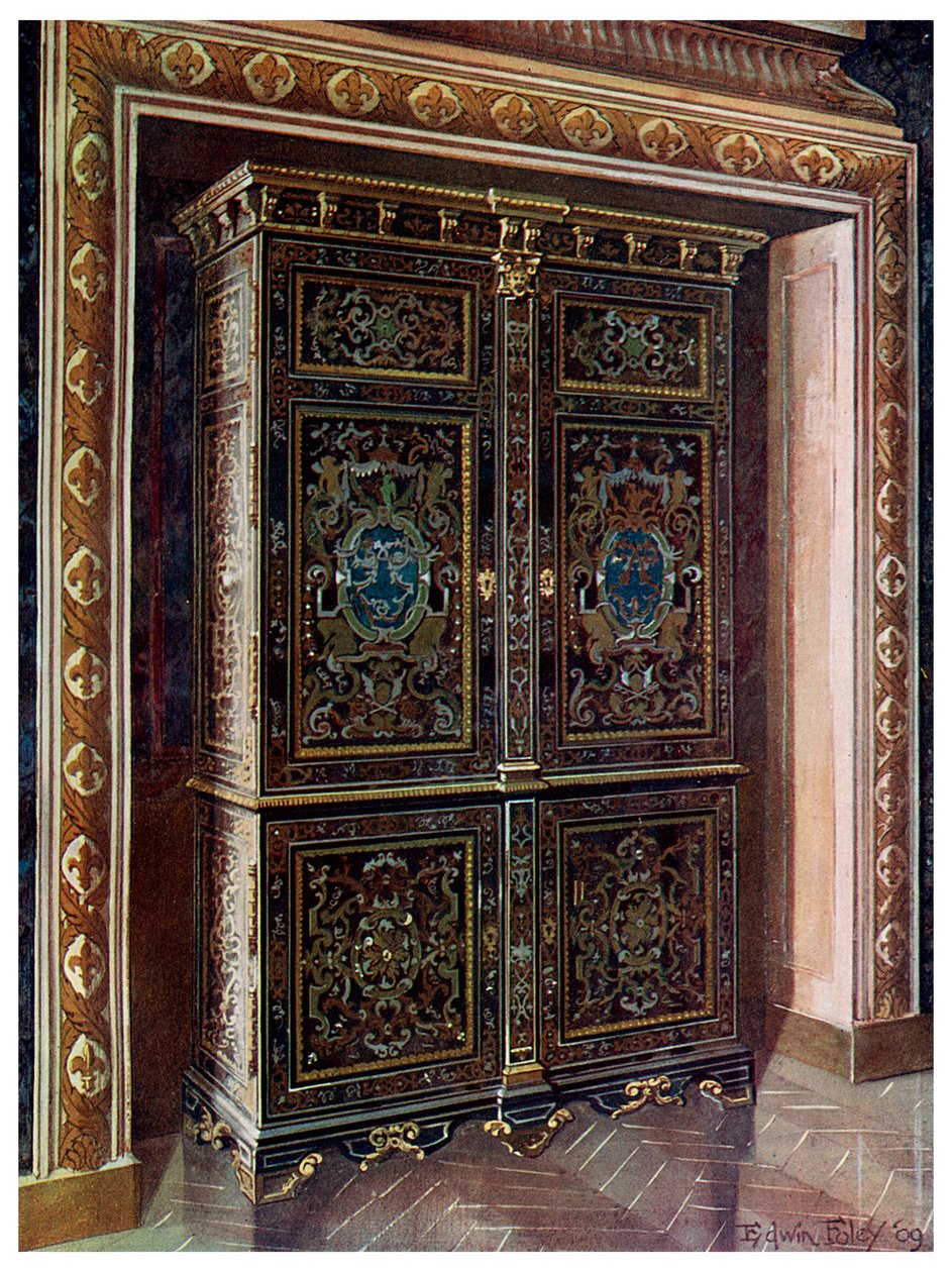Armoire i ibenholt med indlæg af indgraveret messing og hvidmetal, 1910. af Edwin Foley