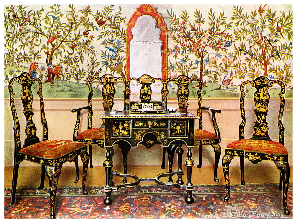 Sortlakeret sofa, stole og bord og rødlakeret spejl, 1910. af Edwin Foley
