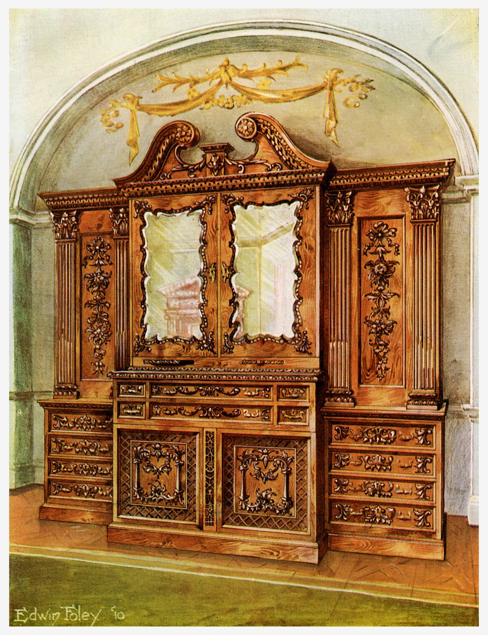 Udskåret lukket mahogni reol, stil af Chippendale, fransk indflydelse, 1911-1912. af Edwin Foley