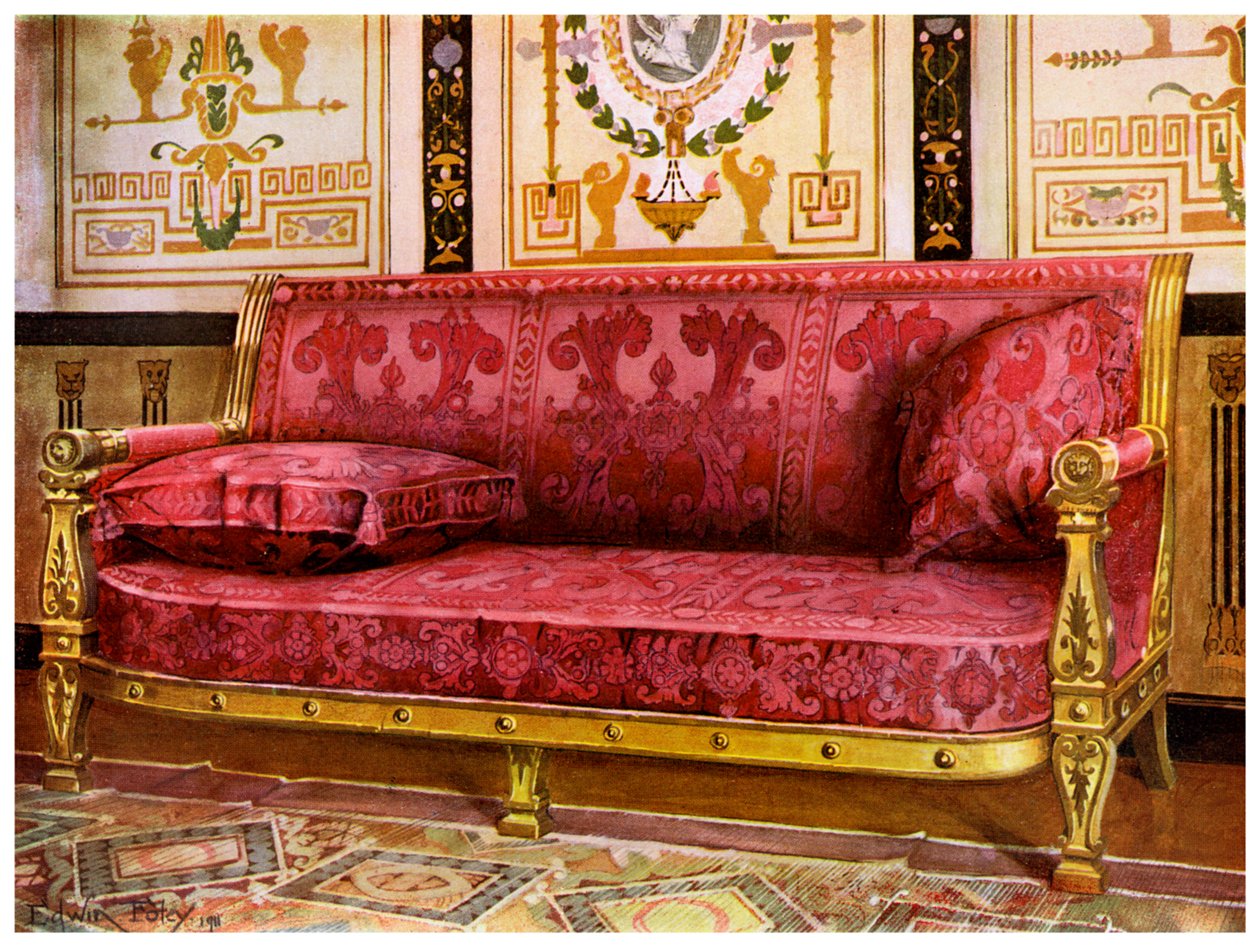 Udskåret forgyldt sofa betrukket med rose Brocade de Lyon, 1911-1912. af Edwin Foley