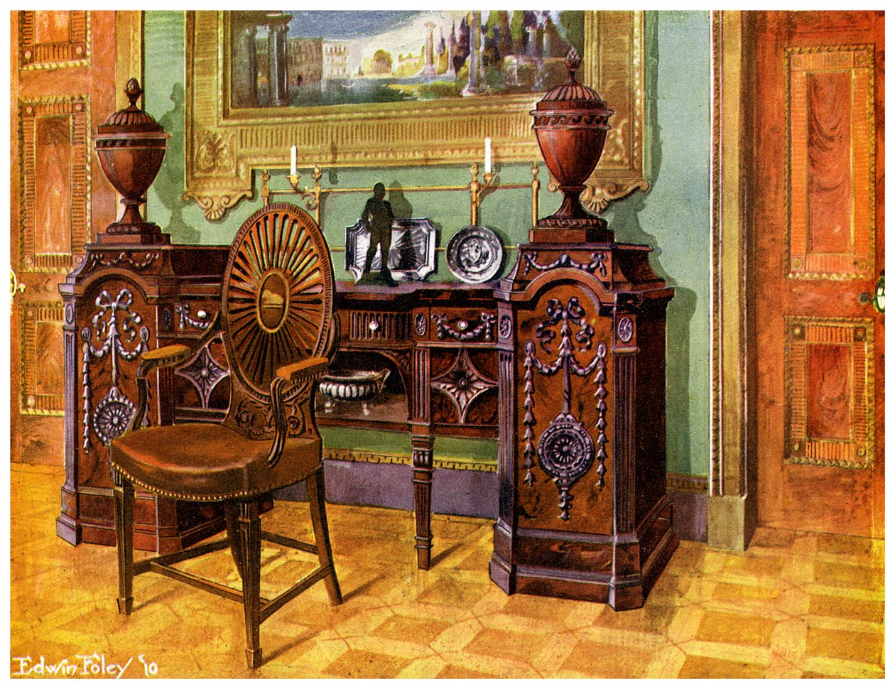 Udskåret mahogni piedestal skænk og oval mesterstol med baghjul, 1911-1912. af Edwin Foley