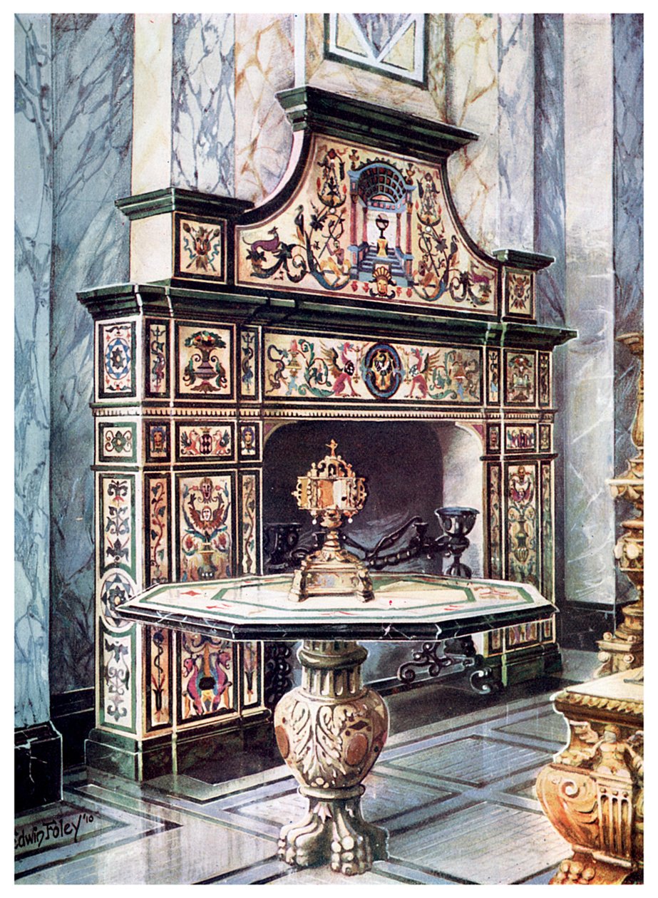 Skorstensstykke og bord i farvet florentinsk mosaik, 1910 af Edwin Foley