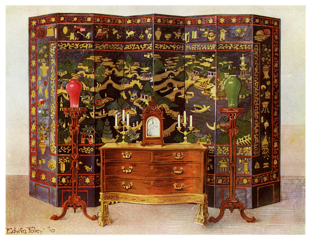 Buet toiletbord og kinesisk lakeret ottefoldsskærm, 1911-1912. af Edwin Foley
