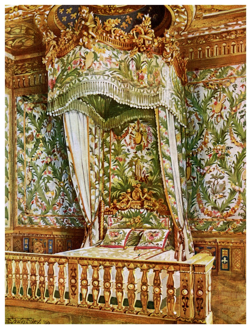 Forgyldt statsseng af Marie Antoinette, Queens Bedroom, Palace of Fontainebleau, Frankrig, 1911-1912. af Edwin Foley