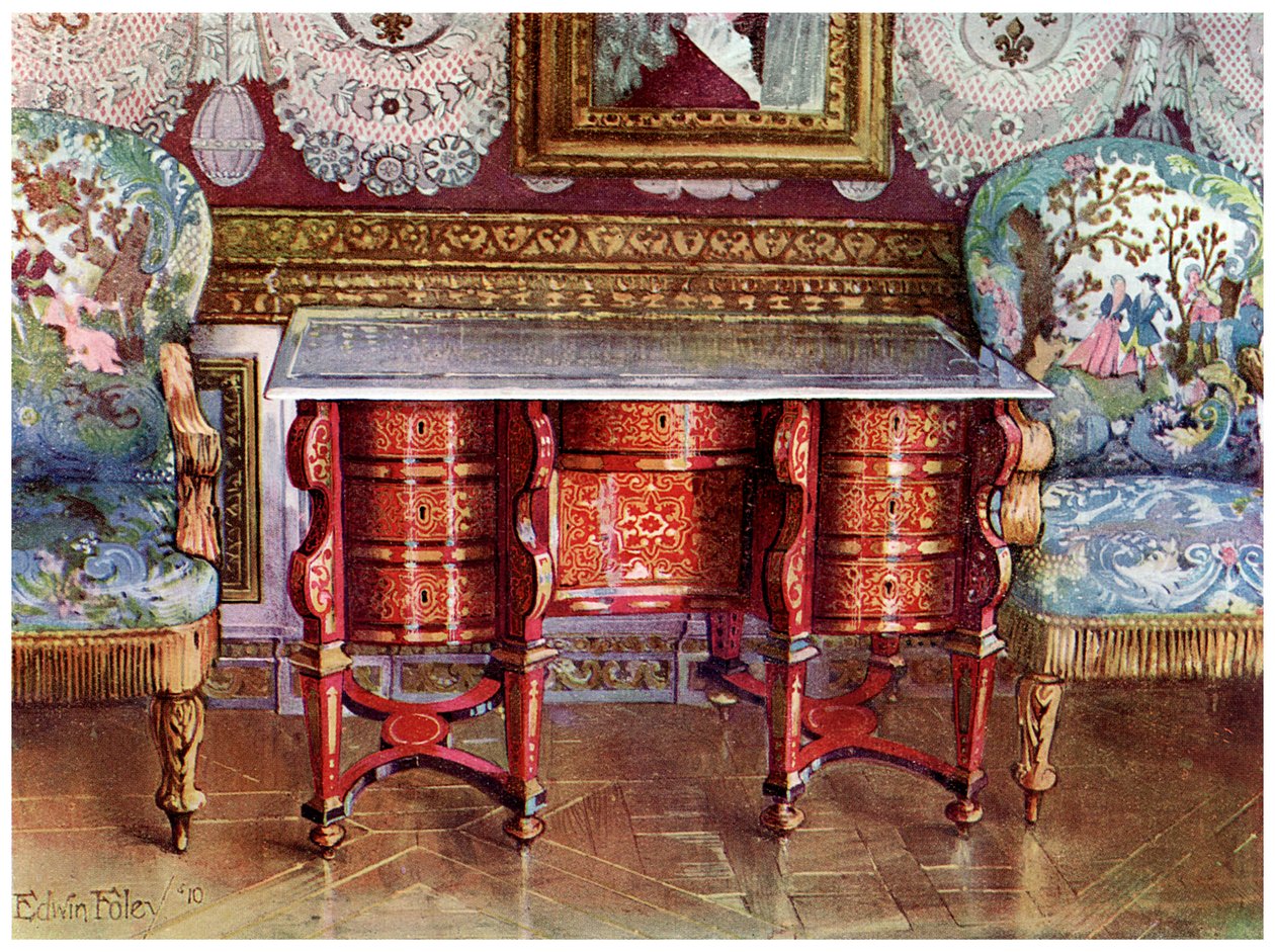 Knæhulsskrivebord og forgyldte fauteuils, 1910 af Edwin Foley