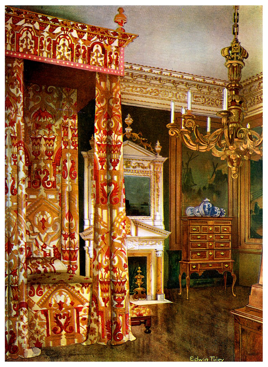 Queen Annes seng, kommode på stativ og en kandelabre af træ, 1910. af Edwin Foley