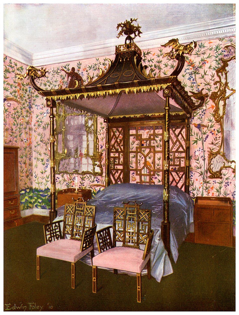 Chippendale Chinese Bedroom, Badminton House, Gloucestershire, 1911-1912. af Edwin Foley