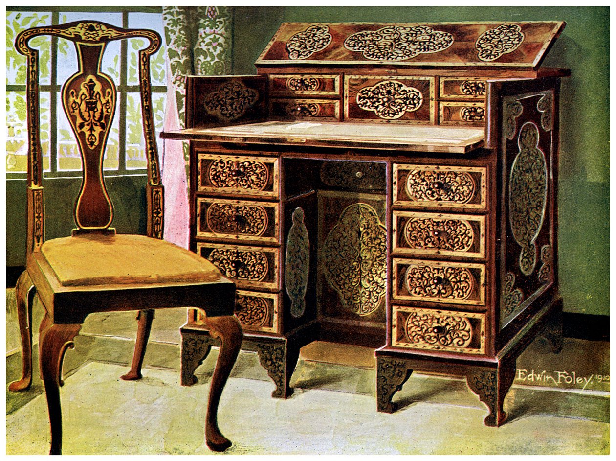 Valnød indlagt skrivebord, 1910. af Edwin Foley
