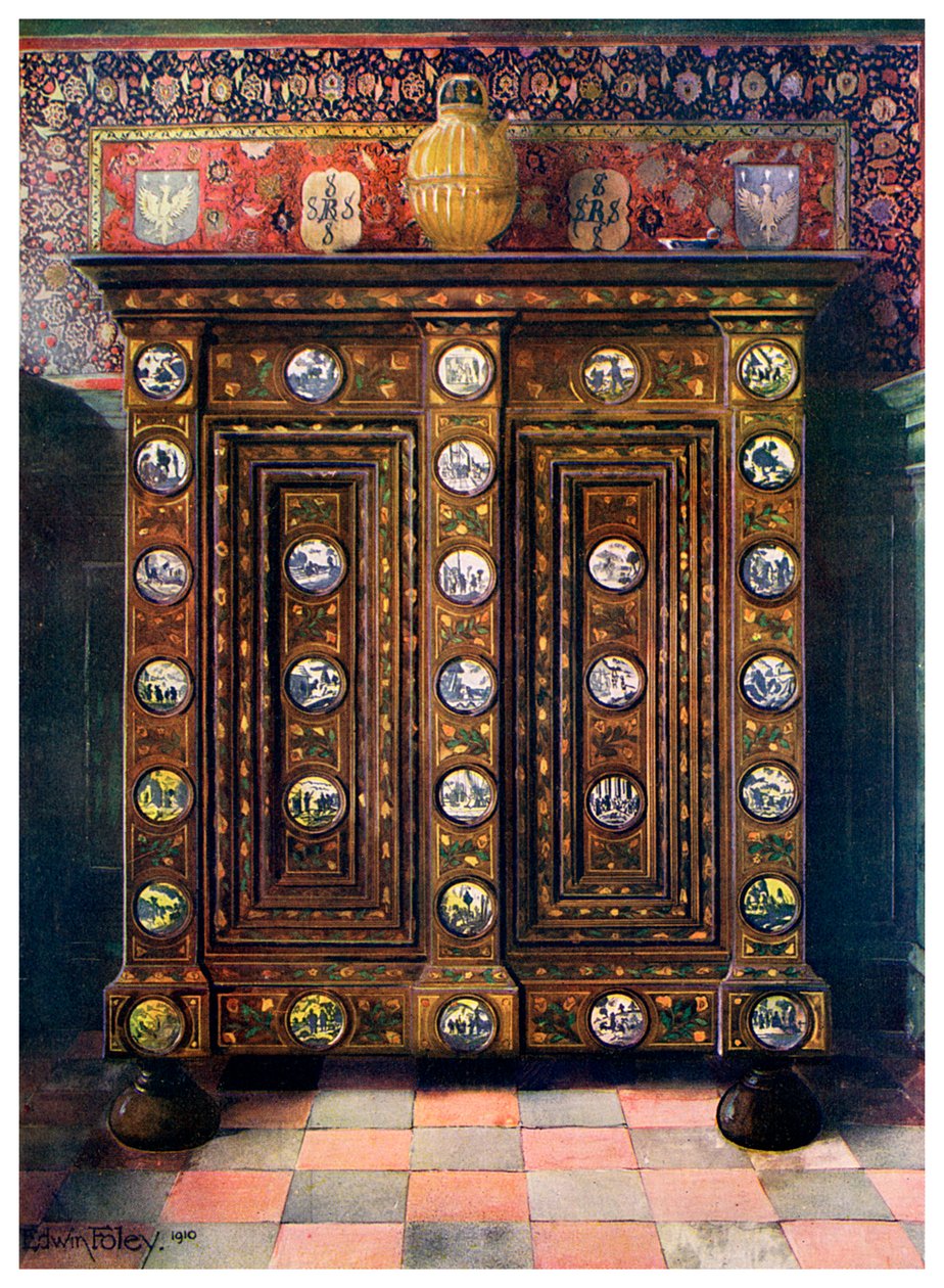 Valnød kas indlagt og med malede medaljoner af Delft ware, 1910. af Edwin Foley