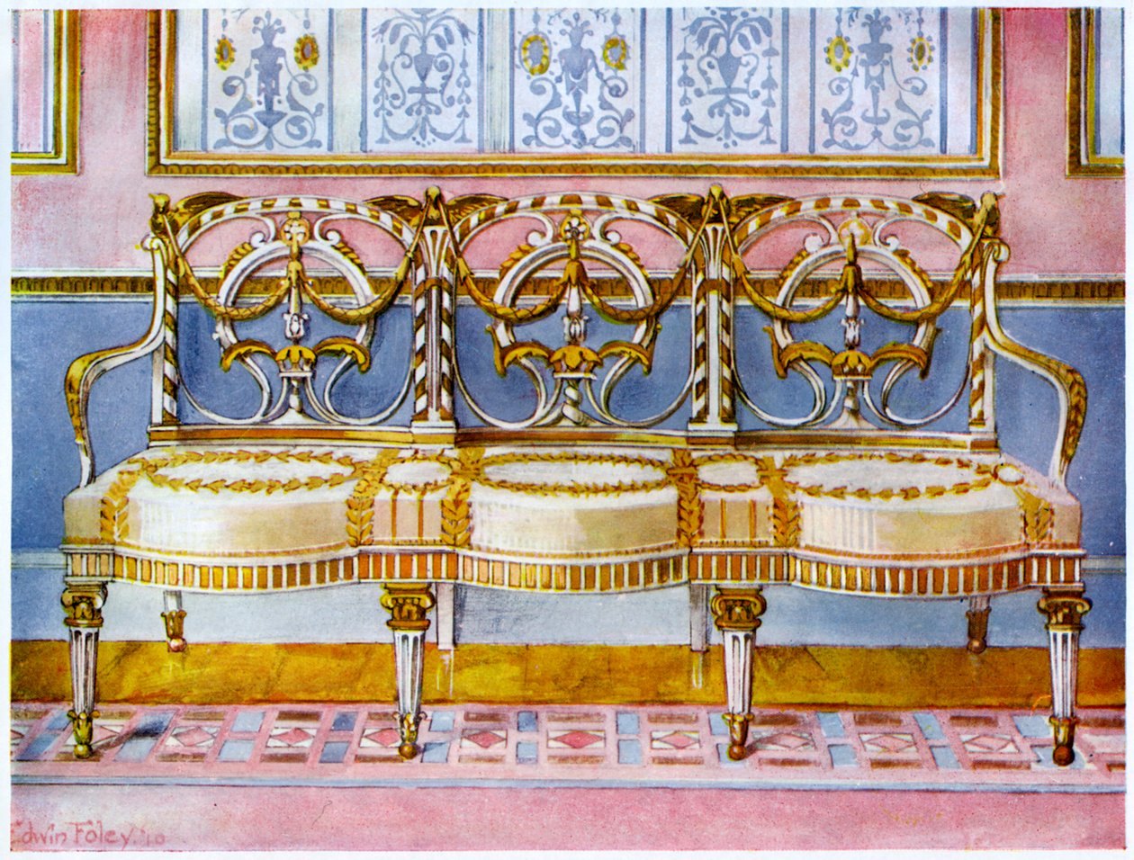 Hvid forgyldt og malet sofa, Pergolesi indflydelse 1911-1912. af Edwin Foley
