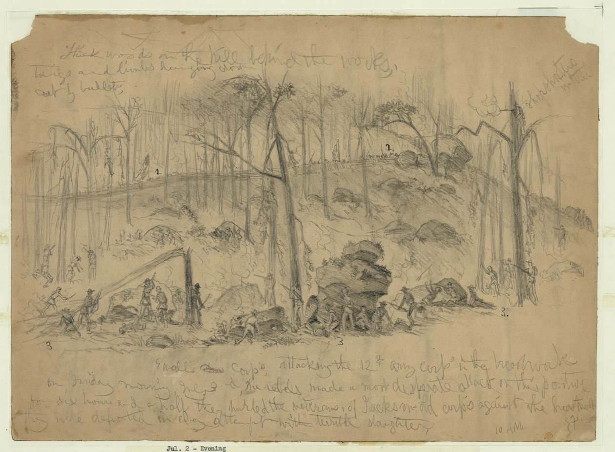 Angreb af general Ewells korps (Johnstons division), tidligere under Stonewall Jackson, på højre flanke af Unionens hær på Culp