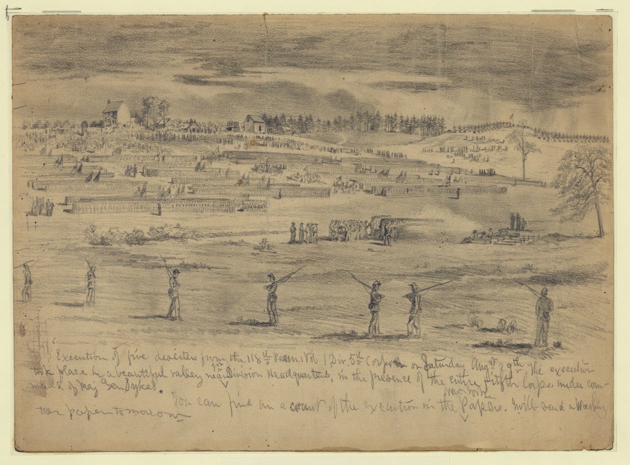 Henrettelse af fem desertører fra de 118. Pennsylvania Volunteers, 1. division, 5. korps, før hele 5. korps, Beverly Ford, Va. af Edwin Forbes
