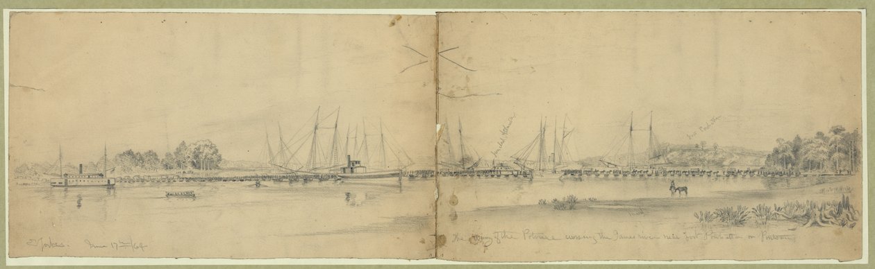 Army of the Potomac, der krydser James River nær Fort Pow Manhattan på pontoner af Edwin Forbes