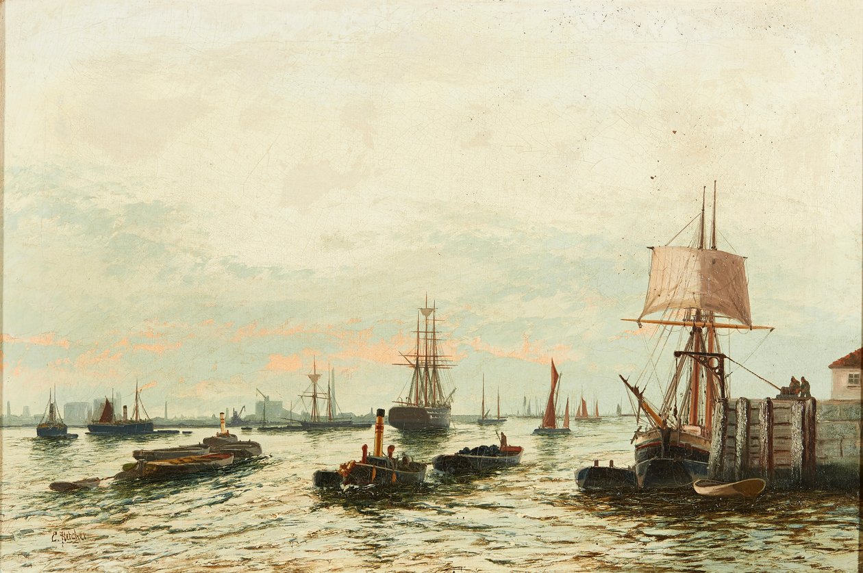 Pramme på Themsen (olie på lærred) af Edwin Henry Eugene Fletcher