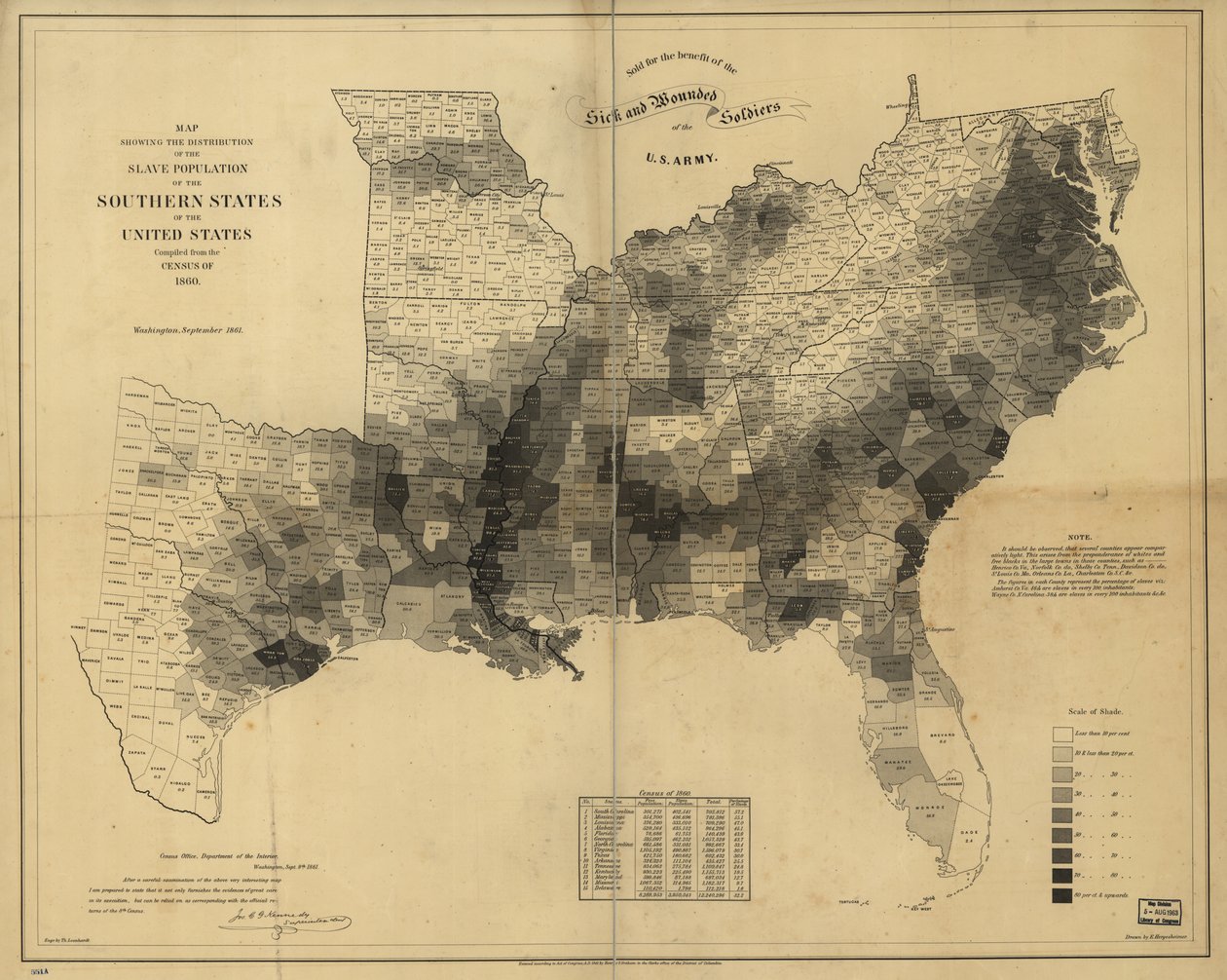 Kort, der viser fordelingen af slavebefolkningen i de sydlige stater i USA, udarbejdet fra folketællingen i 1860 af Edwin Hergesheimer