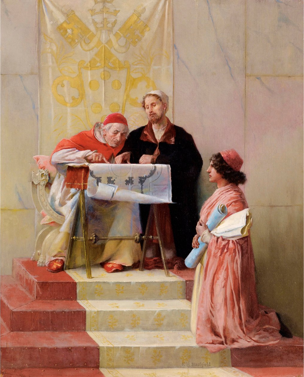 ""Pave Julius II ser på Bramantes arkitektoniske planer (1444-1514) for Peterskirken af Edwin Howland Blashfield
