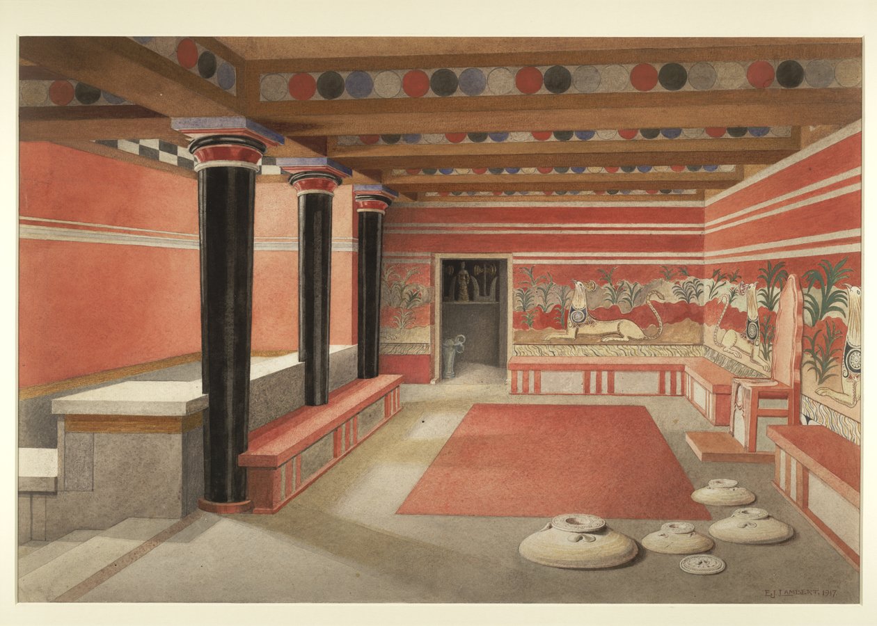 Maleri af det genskabte tronrum i Minos-paladset i Knossos af Edwin J. Lambert