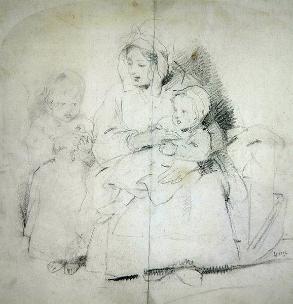 En mor med to børn (blyant på papir) af Edwin Landseer