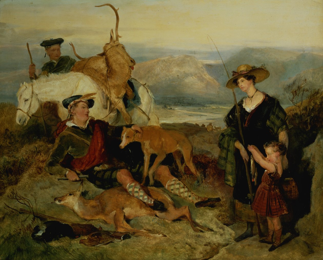 Deer stalking in the Highlands, viser hertuginden af Bedford, hertugen af Gordon og Lord Alexander Russell (panel) af Edwin Landseer