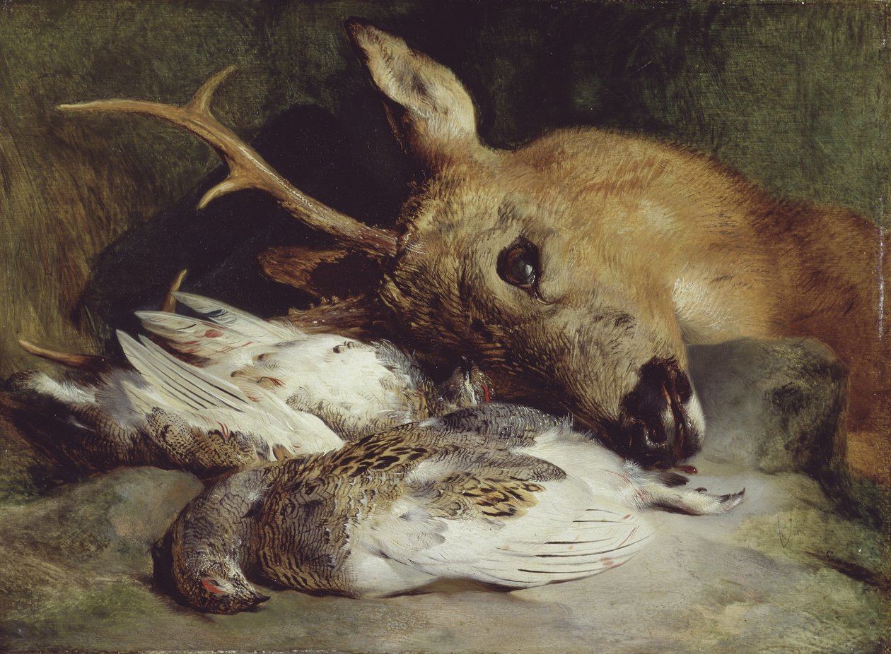 Hovedet af en råbuk og to ryper, ca. 1830 (olie på panel) af Edwin Landseer