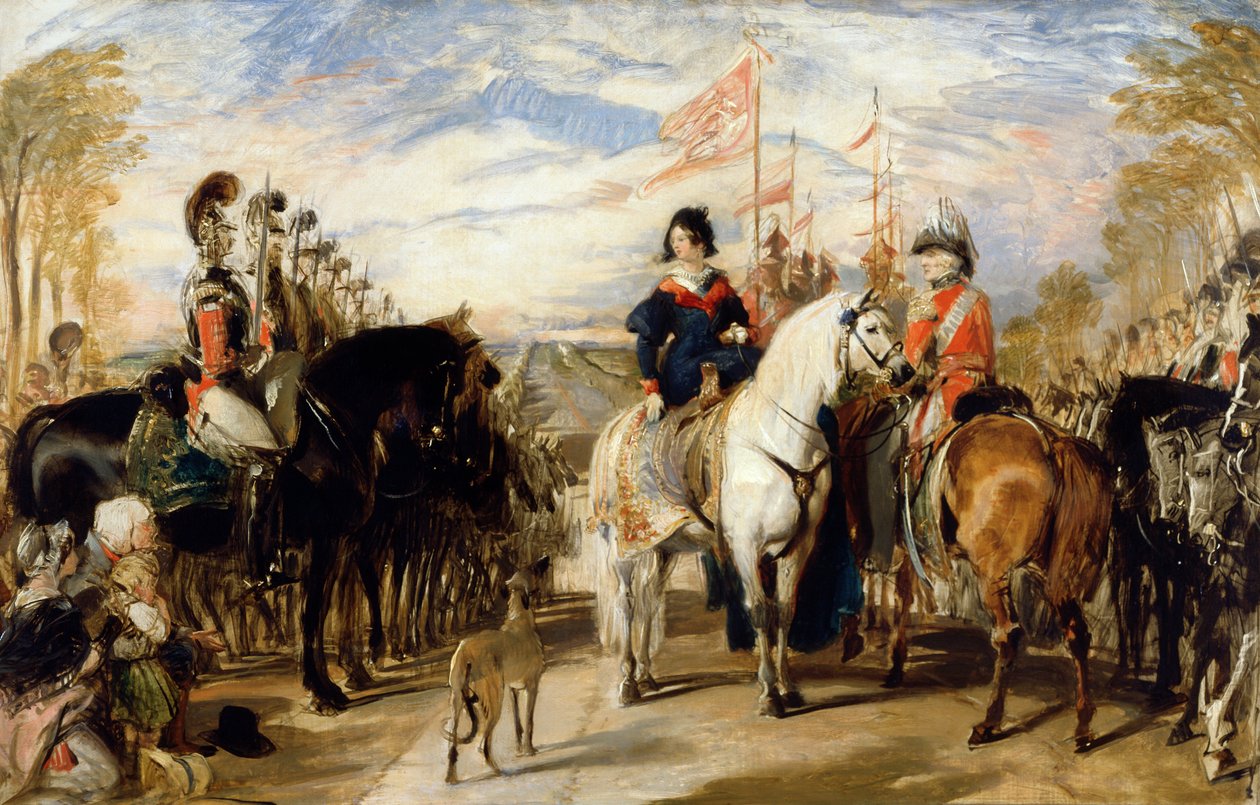 Dronning Victoria og hertugen af Wellington gennemgår livgarden, Windsor Great Park i det fjerne af Edwin Landseer