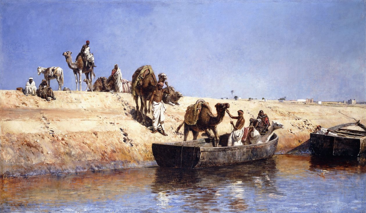 En indskibning af kameler på stranden ved Sale, Maroc, 1880 af Edwin Lord Weeks