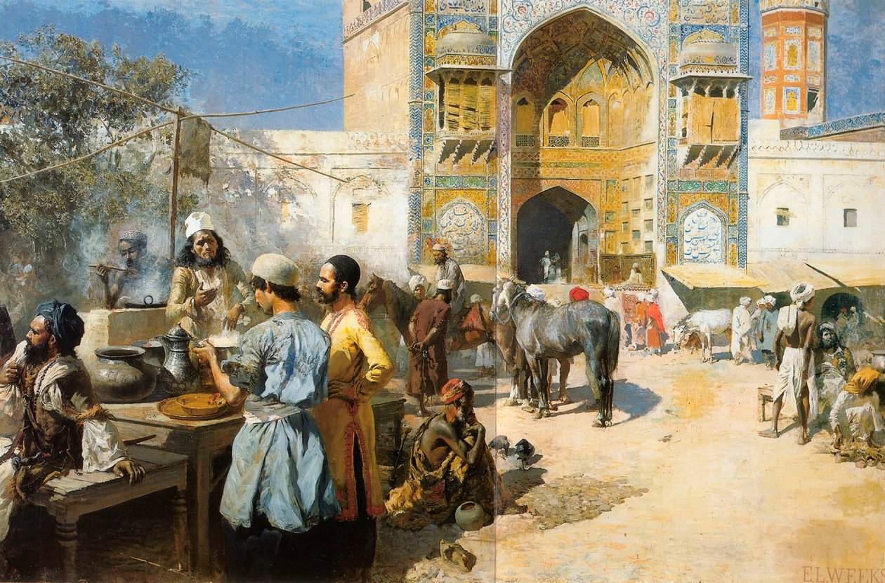 En udendørs restaurant, Lahore, c1889. af Edwin Lord Weeks
